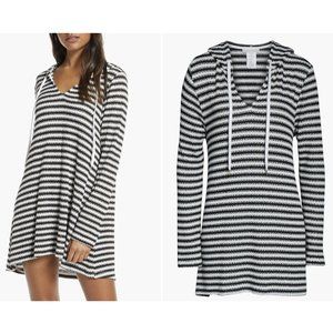 LA BLANCA Slouchy Hooded Sweater Cover-Up Tunic Top Shirt Small Black & White